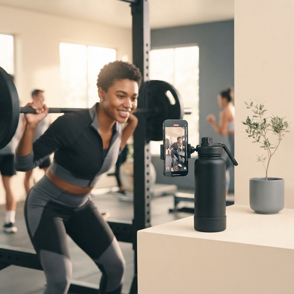 A person using a matte black VOHR water bottle as a phone stand in a modern, sunlit gym setting.