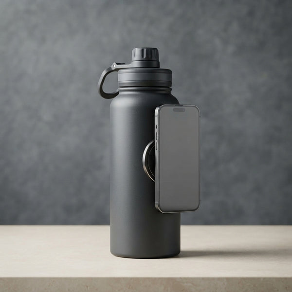 A matte charcoal insulated water bottle with a smartphone magnetically attached to its side, resting on a stone surface.